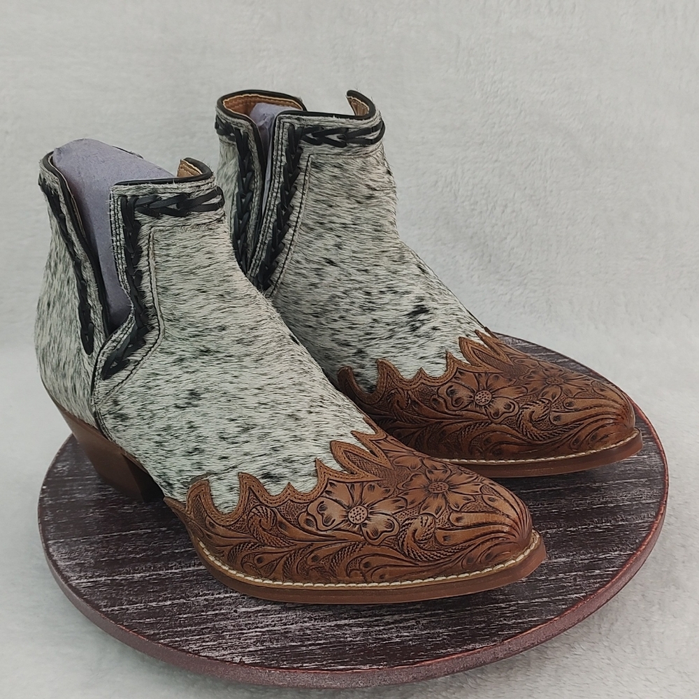 Myra Bag Women Floral Tooled Leather Hair on Hide Western Ankle Boots Size‎ 8